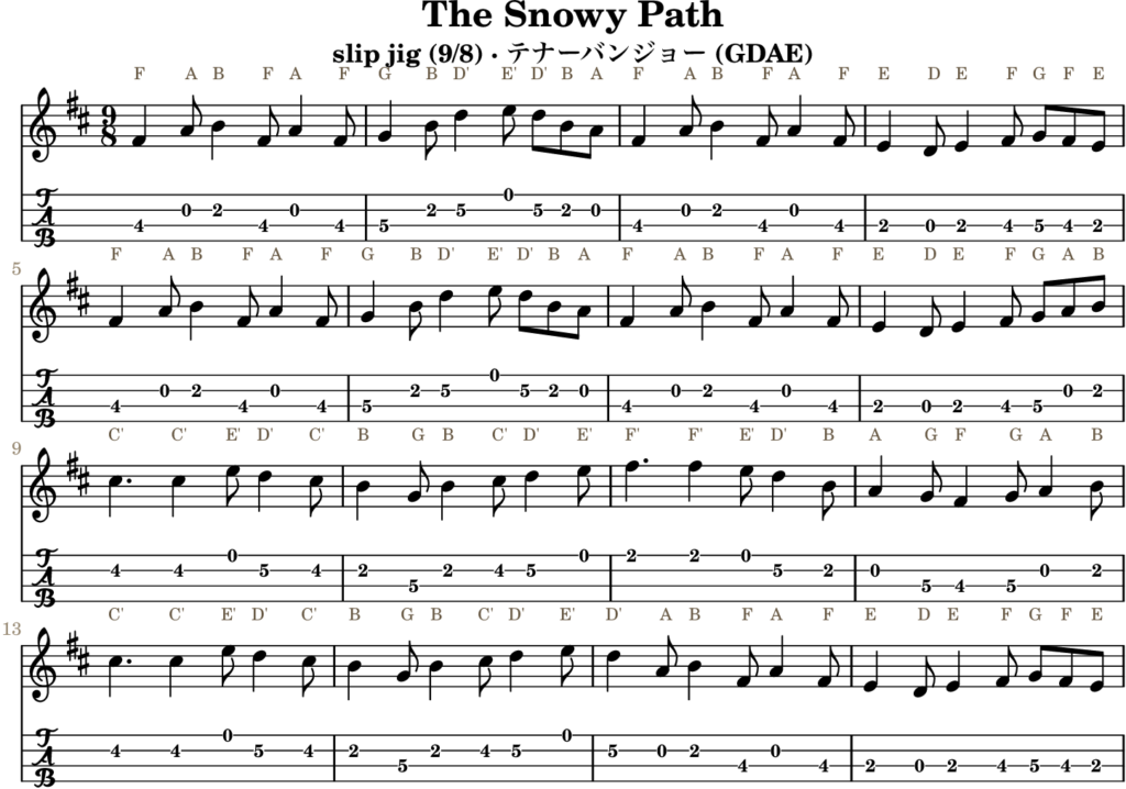 The Snowy Path（Dメジャー・Slip Jig）｜バンジョーTABとD管ホイッスル運指