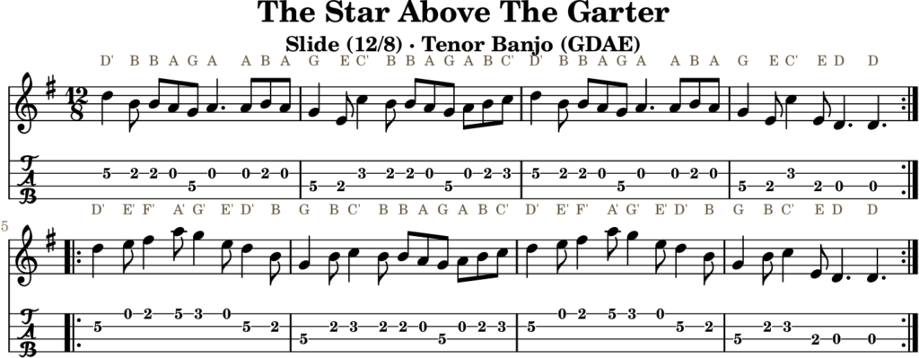 The Star Above The Garter in G Major — Slide | Tenor Banjo TAB & D Whistle Fingering