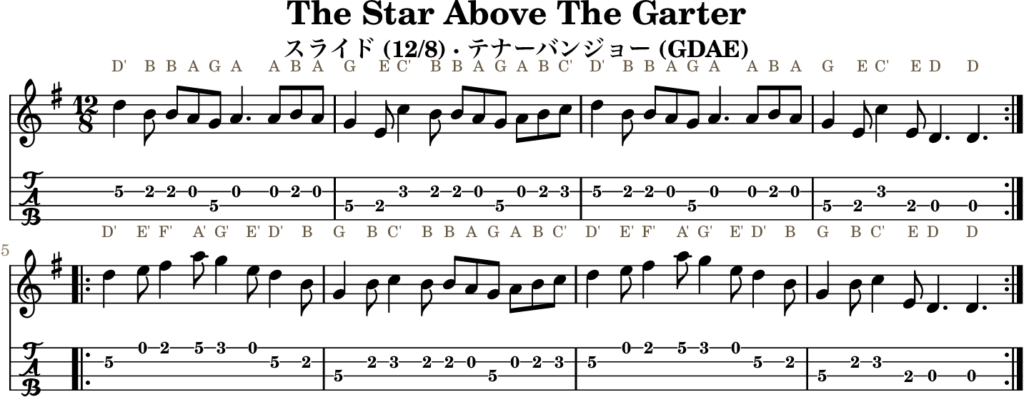 The Star Above The Garter（Gメジャー・Slide）｜バンジョーTABとD管ホイッスル運指