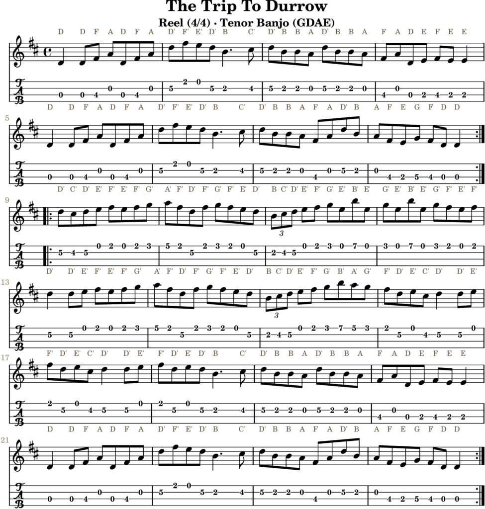 The Trip To Durrow in D Major — Reel | Tenor Banjo TAB & D Whistle Fingering