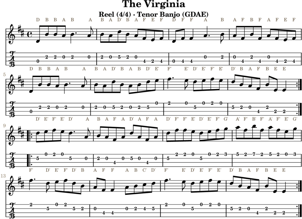 The Virginia in D Major — Reel | Tenor Banjo TAB & D Whistle Fingering
