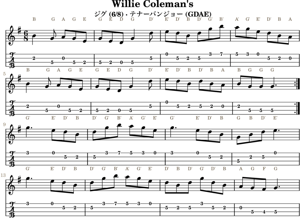 Willie Coleman’s(Gメジャー・Jig)|バンジョーTABとD管ホイッスル運指